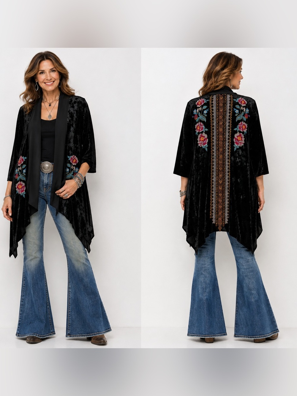 Andree by Unit Cardigan Small Oversized Black Velvet Floral Embroidered Open